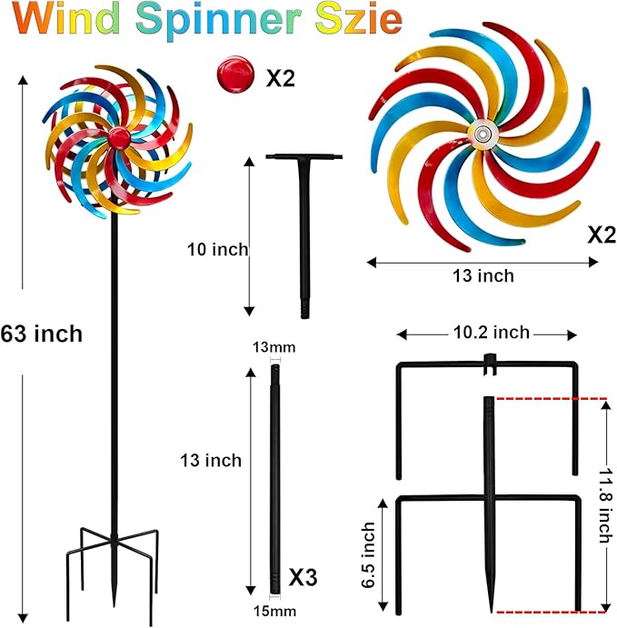 Wind Spinners Outdoor,Kinetic Wind Sculptures & Spinners, 63" Double-Side Metal Wind Spinner for Yard and Garden, Lawn Art Decorations Colorful