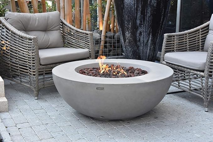 Elementi | Lunar Gas Fire Pit Cast Concrete 42" Round Fire Table, Outdoor Fire Pit Electronic Ignition | Canvas Cover, Lava Rock Included | Light Gray (Natural Gas)
