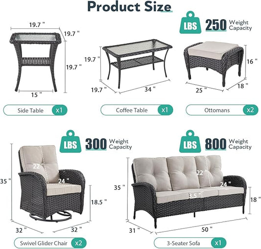 7 Piece Patio Furniture Set - Wicker Patio Conversation Set with Swivel Glider, 3 Seat Sofa, 2 Ottomans, Glass Side Table and Coffee Table for Deck Backyard - Black Wicker Beige Cushion
