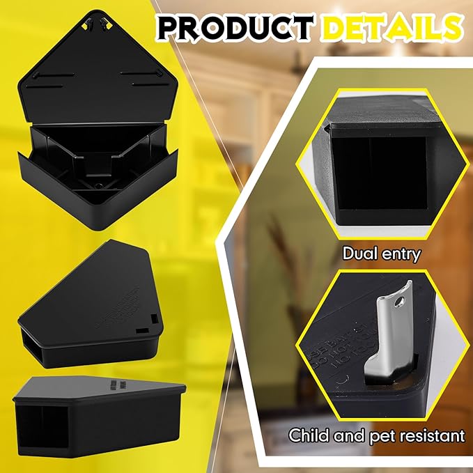 Qualirey 24 Pcs Mice Station with Key Triangle Bait Station Reusable Rodent Trap Box, Keeps Children and Pets Safe Indoor & Outdoor, Bait Not Included, Suitable for Small Mice (Black,Keys are Silver)