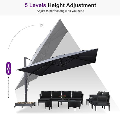 PURPLE LEAF 13 FT Square Patio Umbrella with Base Included Large Cantilever Outdoor Aluminum Offset Umbrella with 360-degree Rotation for Garden Deck Backyard Pool Grey