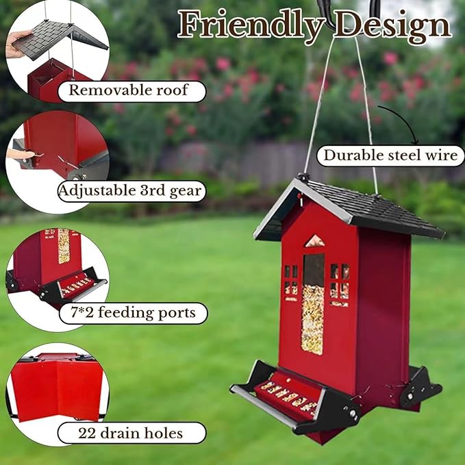Squirrel Proof Bird Feeder, Red Metal Bird Seed Feeder for Outdoors Hanging Chew-Proof, 6lbs Large Seed Capacity for Cardinal, Finch, Sparrow, Blue Jay, Swallow