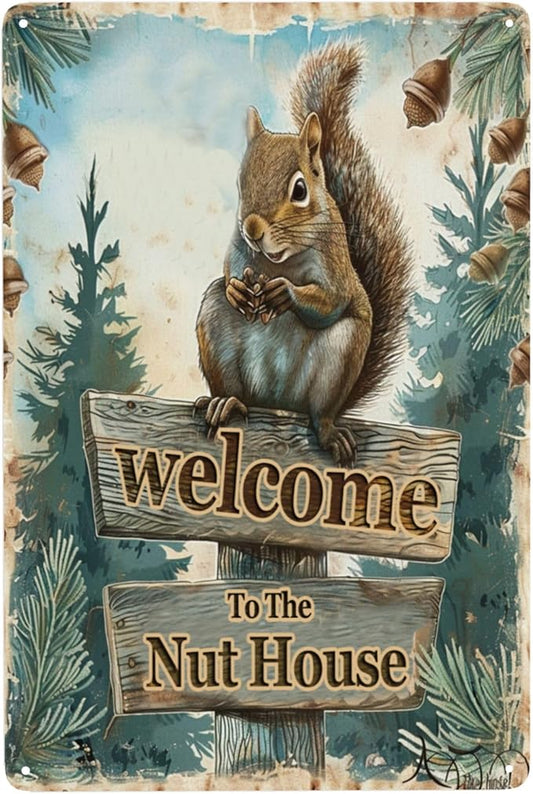 Funny Squirrels Signs Welcome To The Nut House Squirrels Stuff For Indoor Outdoor Decor 12x8 Inches (Green)