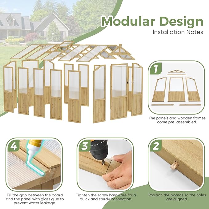 CDCASA 8x6 FT Wooden Greenhouse for Outdoor, Easy Assembly Solid Cedar Frame w/ Polycarbonate Heavy Duty Greenhouses, Outside Garden Walk-in Green House Kit, Adjustable Roof Vent & Lockable Door