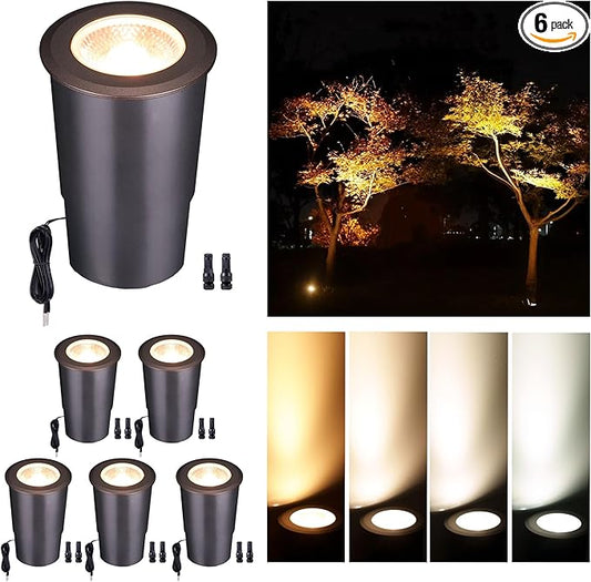 LED Well Lights Low Voltage Outdoor - IP67 Waterproof 12V Ground Fixture, Warm White & Cool White Hard-Wired Landscape Lighting, ORB Aluminum for Wall Walkway Patio 9W 700LM 6 Pack