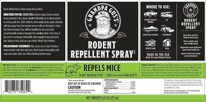 Grandpa Gus's Rodent Repellent Spray, Peppermint & Cinnamon Oil, Prevents Mouse/Rats from Nesting & Chewing on Wires, 16 fl oz (Pack of 1)
