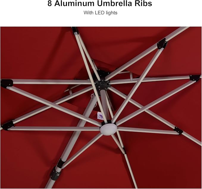 PURPLE LEAF 11 Feet Solar Powered LED Square Cantilever Umbrella With Base Patio Umbrellas Windproof Hanging Outdoor Umbrellas Offset Umbrella, Terra