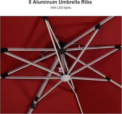 PURPLE LEAF 9' X 12' Solar Powered LED Square Cantilever Umbrella With Base Patio Umbrellas Windproof Hanging Umbrella Outdoor Umbrellas, Terra