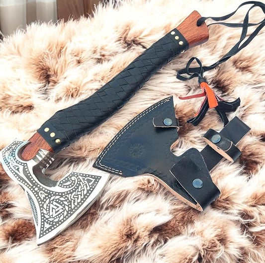 AX-7000 Custom Gift Forged Carbon Steel Viking Axe with Rose Wood Shaft, Viking Bearded Camping Axe (AX-7000) (AX-7091)