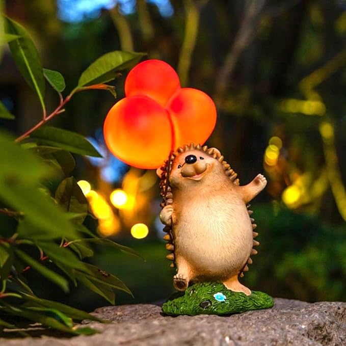 WHIMSYNOOK 10.4" Resin Hedgehog with Balloon Solar LED Garden Statue Light, Ideal for, Porch, Lawn, Yard, Housewarming, or Birthday Gifts for Mom, Family, and Hedgy Lovers