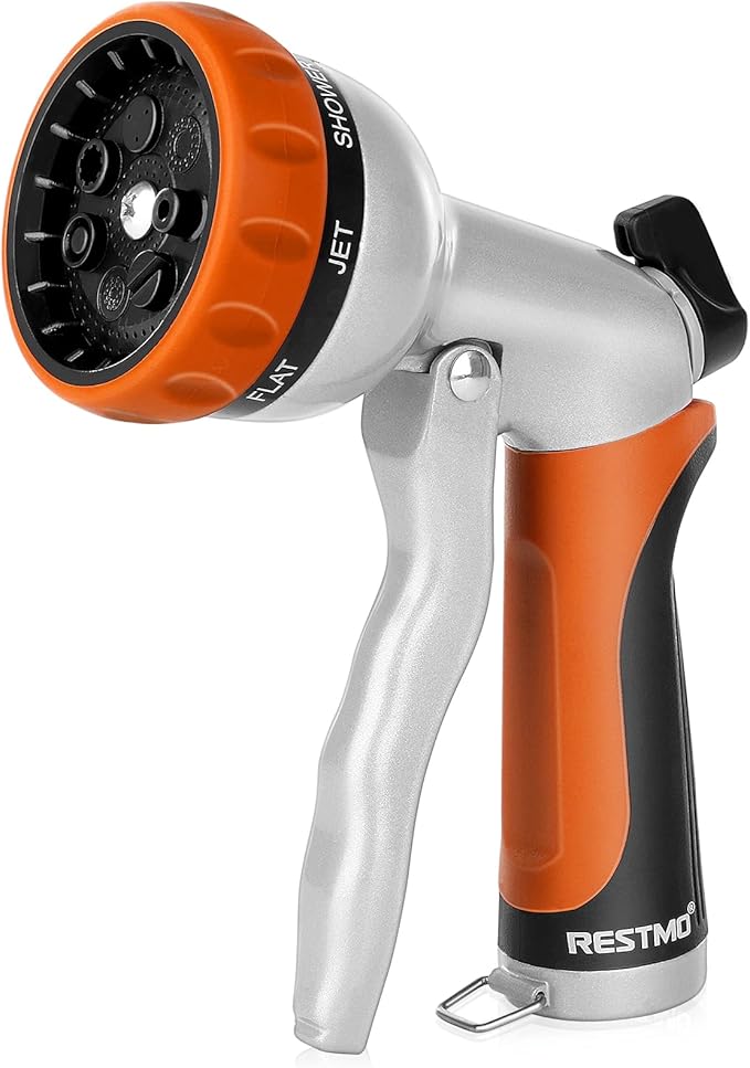 RESTMO Garden Hose Nozzle, Heavy Duty Metal Water Hose Nozzle with 7 Adjustable Spray Patterns, High Pressure Hand Sprayer with Flow Control, Best for Watering Plant & Lawn, Washing Car & Pet, Orange