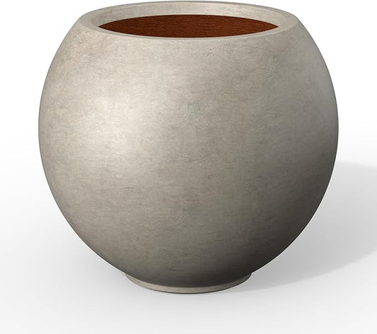Kante Round Concrete Flower Pot, 19.3 Inch Dia (14" Opening) Sphere Shape Design Planter with Drainage Hole and Rubber Plug for Outdoor Plants, Weathered Concrete Finish with Warm Brown Interior
