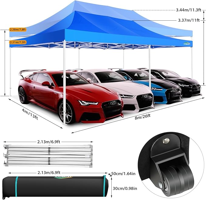 COBIZI 13x26 Pop up Canopy Tent 13x26 Canopy with 6 Sidewalls Waterproof Heavy Duty Commercial Canopy Tent for Parties Outdoor Tent Garden Gazebo Tent, Carry Bag with Wheel(13x26ft, Blue)
