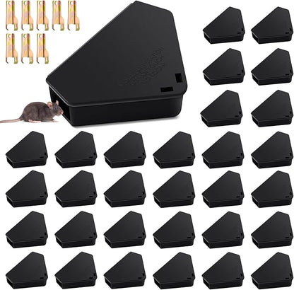 Qualirey 36 Pcs Mice Station with Key Triangle Bait Station Reusable Rodent Trap Bait Box, Keeps Children and Pets Safe Indoor & Outdoor, Bait Not Included, Suitable for Small Mice (Black)