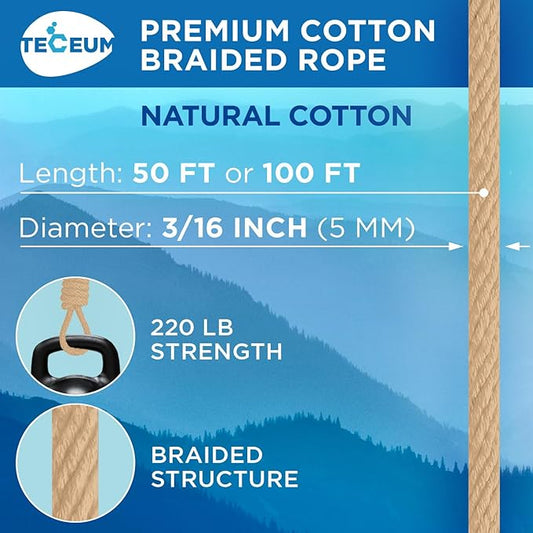 TECEUM Cotton Rope 3/16” (5 mm) – 50 FT – Strong All-Purpose Braided Rope – Natural Cotton – for Crafting, Сamping, Clothes Line, DIY, Indoor & Outdoor Use – Beige