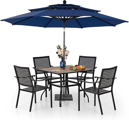 PHI VILLA 5 Pieces Patio Dining Set for 4 with 10ft Patio Umbrella, Metal Outdoor Stackable Wrought Iron Chair Set of 4 & 37" Metal Wood-Like Dining Table,3 Tier Vented Market Table Beige Umbrella