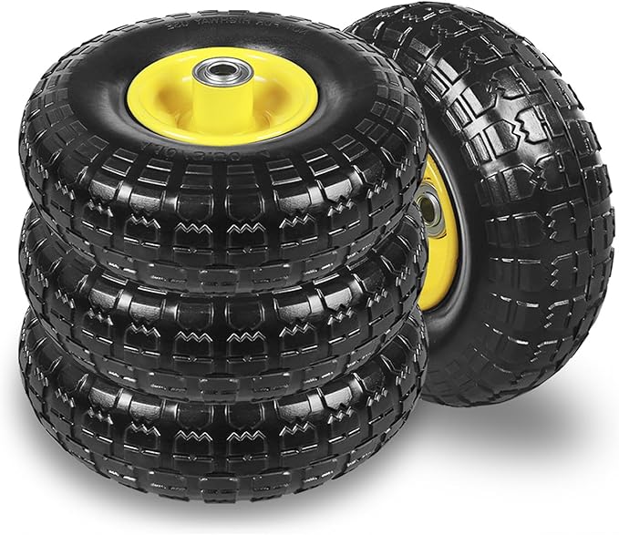 10 Inch Soild Rubber Dolly Tire Wheels, 4.10/3.50-4" Tire and Wheel Flat Free for Garden Carts, 5/8" Bearings,2.1"Offset Hub for Hand Truck, Gorilla Cart, Wheelbarrow Metal (4 Packs)