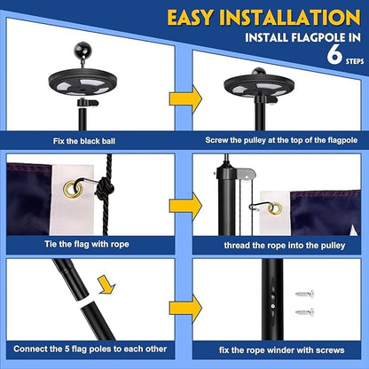 25FT Black Heavy Duty Flag Pole Kit with 3x5 Ft American Flag & Solar Light - 12 Gauge Aluminum Tubing, Resistance High Winds, Hardware Flagpole Set for Residential Commercial Outdoor Ready