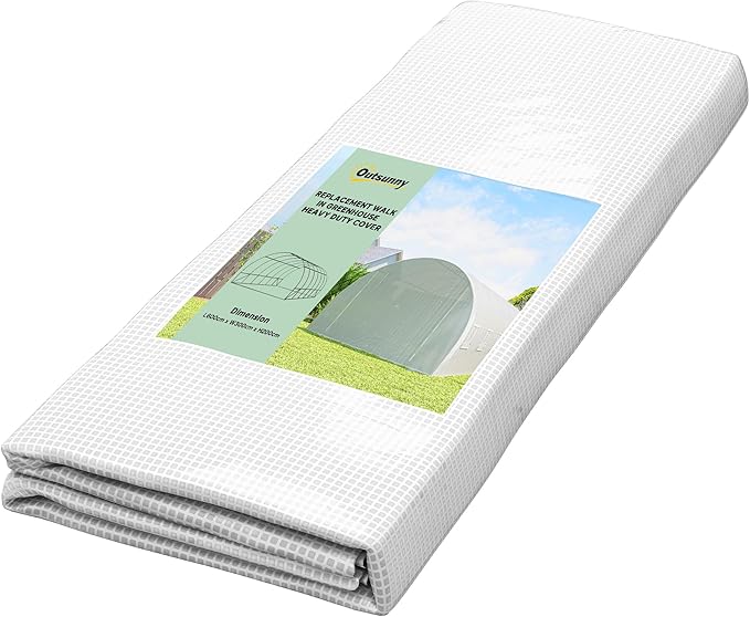 Outsunny 19.7' x 9.8' x 6.6' Plastic Greenhouse Cover Replacement, Heavy Duty Waterproof Tarp for Hoop House, Sheeting with 12 Windows, Door & Reinforcement Grid, White