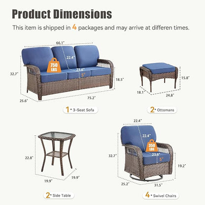 9 Pieces Patio Furniture Set Outdoor Sectional Sofa Couch with Rocking Swivel Chairs 5" Deep Seat Chairs, Modern Wicker Rattan Conversation Set, Blue/Brown Wicker