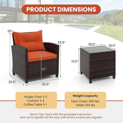 ORALNER 3 Pieces Patio Furniture Set, Outdoor Wicker Conversation Set Rattan Chairs with Cushions, Glass Coffee Table, Bistro Set for Front Porch Balcony Garden Deck Poolside (Orange)