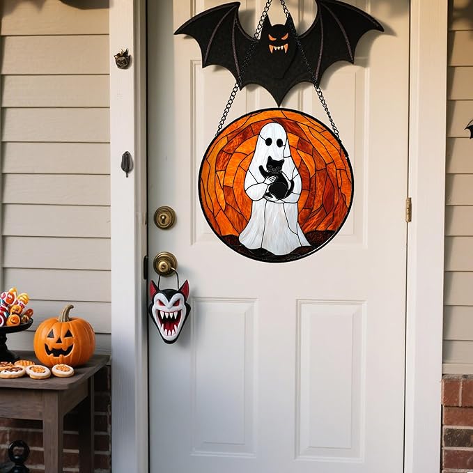 Stained Glass Window Hanging - Halloween Cute White Ghost Black Cat Suncatcher for Doors Garden Home Spooky Orange Sun Catchers Gothic Decor Horror Gift for Women Men Friend Boy Girl 9.8 in