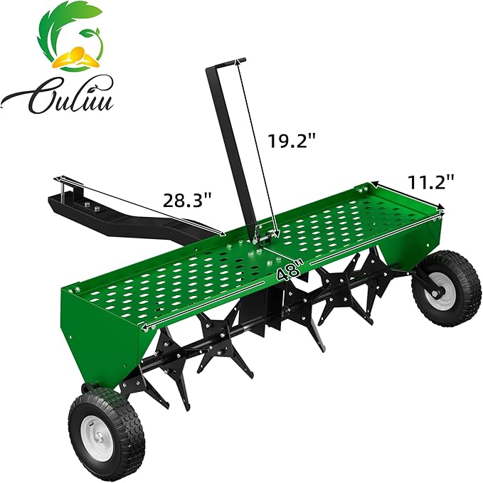 40" Lawn Aerator Tow Behind, Pull Behind Aerator with Universal Hitch, 24 Galvanized Steel Tines, Tray and Pneumatic Tires, Plug Behind Aerator is Suitable for Gardens, Lawns and Farms