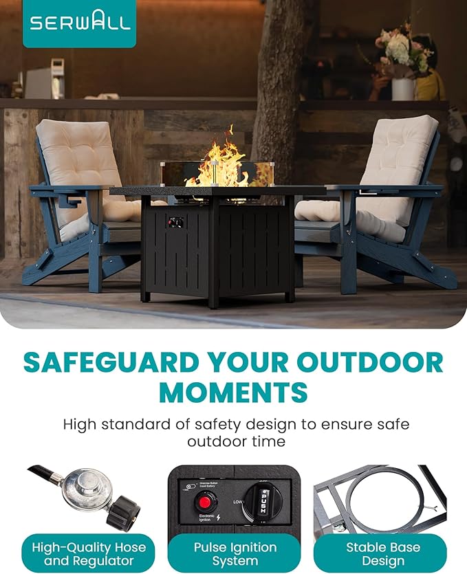 SERWALL 33" Outdoor Fire Pit Table, 50,000 BTU Square Propane Fire Pit Table with Lid, Glass Rock & Glass Wind Guard, HDPE Outdoor Furniture for Patio, Garden, Backyard, Black
