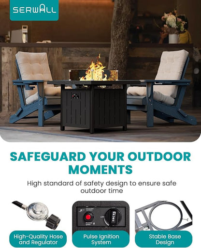 SERWALL 33" Outdoor Fire Pit Table, 50,000 BTU Square Propane Fire Pit Table with Lid, Glass Rock & Glass Wind Guard, HDPE Outdoor Furniture for Patio, Garden, Backyard, Black