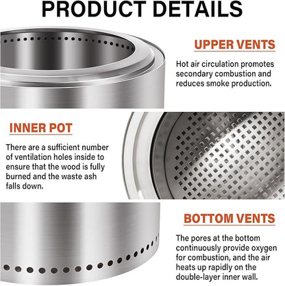 HGD 16 inch Smokeless Firepit, Stainless Steel Fire Pits, Smokeless Fire Pit for Outside with Carry Bag for Camping Backyard Patio Garden Picnic