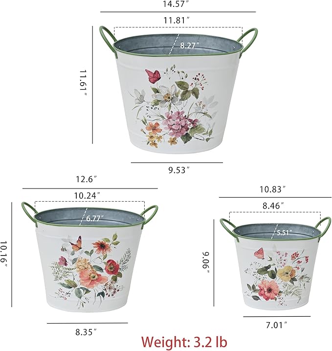 Set of 3 Vintage Floral Butterfly Metal Planter Pots, Decorative Flower Buckets with Handles, Rustic Farmhouse Plant Containers for Indoor Outdoor Gardening, Succulents, Herbs, Home Decor