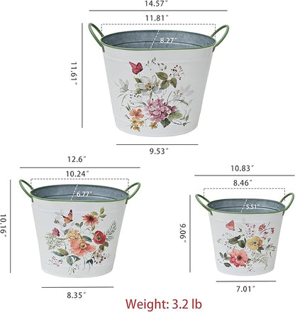 Set of 3 Vintage Floral Butterfly Metal Planter Pots, Decorative Flower Buckets with Handles, Rustic Farmhouse Plant Containers for Indoor Outdoor Gardening, Succulents, Herbs, Home Decor