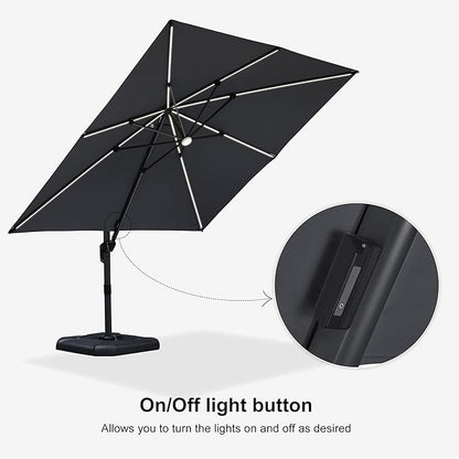PURPLE LEAF 10 Feet Patio Umbrella with Base Outdoor Cantilever Solar Powered LED Square Umbrella Aluminum Offset Umbrella with 360-degree Rotation for Garden Deck Pool Patio Light Grey