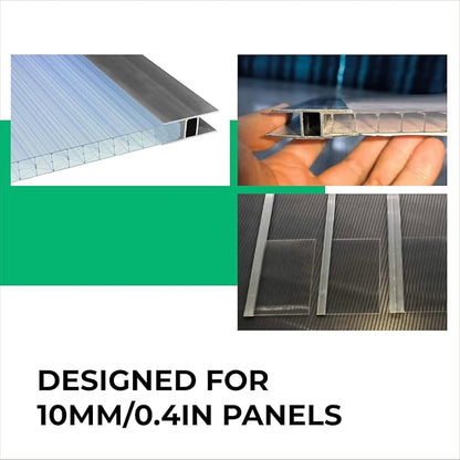 Aluminum H Connectors - Fits 4mm, 6mm, 8mm, or 10mm Twin-Wall Greenhouse Panels, Join 2 Pieces of Panels Together, 4-Foot Length, 10 Pieces (10mm Aluminum H Connectors - 4ft)