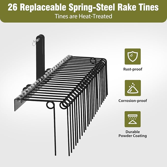 GAOMON 60 Inch Pine Straw Rake, 26 Coil Spring Tines Durable Powder Coated Steel Tow Behind Landscape Rake with 3 Point Hitch Receiver Attachment Fit to Cat0 Cat 1 Tractors for Leaves Grass, Black