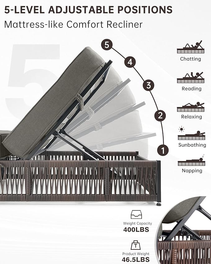 Luxury 2PCS Outdoor Chaise Lounge and Side Table Set with 5 Inch Thick Cushions - High Back Brown Wicker Patio Recliners Chairs Lounger for Poolside Pool Porch Garden Sunbathing - Grey