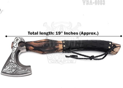 SHINY CRAFTS® Handcrafted Decorative Viking Axe with Leather-Wrapped Handle & Sheath – Engraved Blade – Ceremonial Collectible Gift for Men, Warriors, History Buffs, Cosplay & Display (VBA-03)