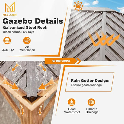 MELLCOM 12'x16' Gazebo, Wood Looking Gazebo with Aluminum Frame and Single Galvanized Steel Roof, Outdoor Permanent Metal Pavilion with Curtains and Nettings for Deck, Backyard and Patio