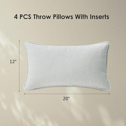 Decorative Outdoor Water Repellent Throw Pillows with Inserts, Set of 4, 20" x12" Pillows for Patio, Backyard, Bed, Couch, and Patio Furniture, Tan Stripe