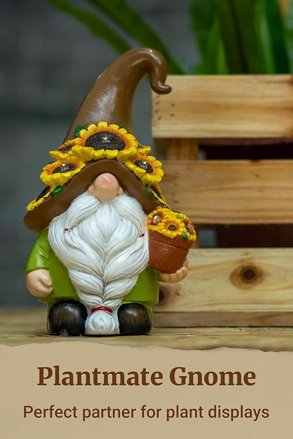 Solar Garden Gnome Statue, 7.67" Tall — Outdoor Resin Garden Statue for Yard, Backyard, Patio, Porch, Lawn; Garden Decor, Gnome Gifts, Birthday Gifts for Women