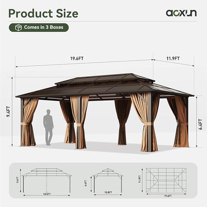 Aoxun 12'x20' Hardtop Gazebo, Aluminum Frame Permanent Pavilion with Curtains and Netting, Outdoor Polycarbonate Double Roof Canopy, Designed for Garden, Lawns, Patio