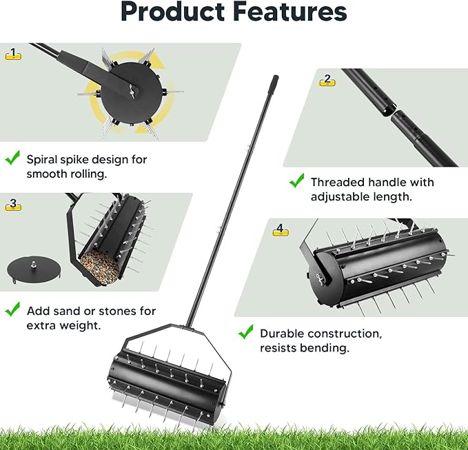 Uranshin Rolling Lawn Aerator Tool, Heavy Duty Manual Push Aerator Lawn Tool with 39 Pre-Attached Spikes and 70" Adjustable Handle, Lawn Spike Aerator Roller Suitable for Lawn, Garden and Yard
