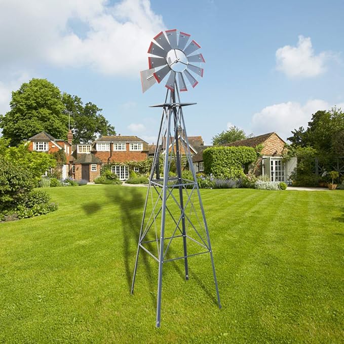 Garden Windmill for Yard Decor, 8 ft Tall Metal Windmill with Spinning Blades, Weather-Resistant Outdoor Windmill for Lawn, Farmhouse, Rustic & Farm Decor, Grey