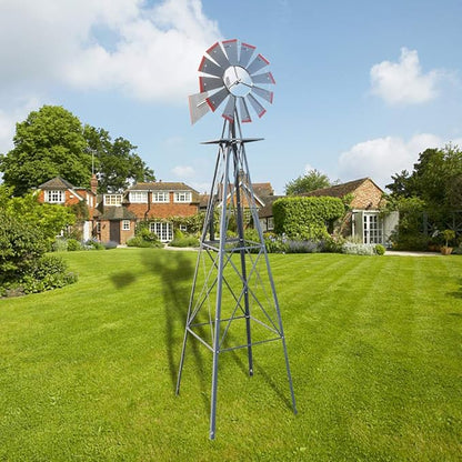 Garden Windmill for Yard Decor, 8 ft Tall Metal Windmill with Spinning Blades, Weather-Resistant Outdoor Windmill for Lawn, Farmhouse, Rustic & Farm Decor, Grey