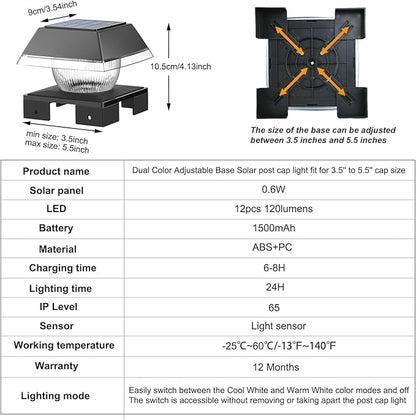 INDARUN Solar Post Cap Lights, Solar Fence Deck Post Lights Outdoor Fit 4x4 5x5 6x6 Wood Posts, Vinyl 4x4 Post Caps, 120 Lumen, Cool White & Warm White, Landscape Lighting for Patio, Porch, Yard