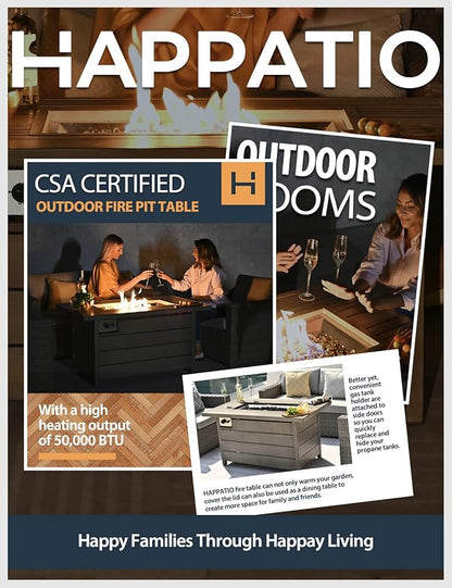 Propane Fire Pit Table, HAPPATIO 48inch 50000 BTU Gas Fire Pit with Aluminum Slats Table Top, Lid, Black Glass Rock, Aluminum Fire Table,CSA Safety Certified for Outside Patio(Gray)