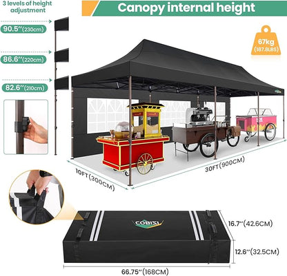 COBIZI 10x30 Heavy Duty Pop Up Canopy with 8 Sidewalls and Hexagonal Legs, Easy up Tent for Parties, Wedding and Commercial, Outdoor Canopy with Carry Bag, Sand Bags, Waterproof & UPF50+ (Black)