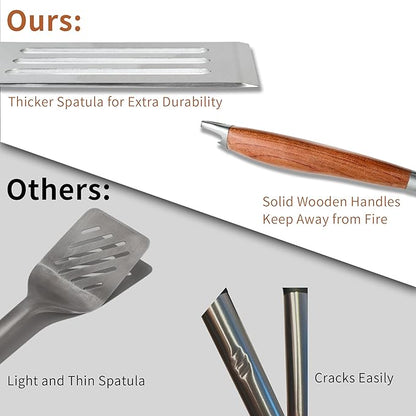 FJNATINH Heavy-Duty Grilling Accessories Rose Wooden BBQ Grilling Tools Set,Outdoor Grill Set with Spatula, Fork & Tongs,Essential Accessories for Barbecue & Grill. Ideal Gift for Men