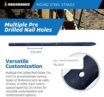 Sandbaggy Round Steel Concrete Form Stakes with Nail Holes - Rust Resistant Coating - Removable, Reusable (50, 3/4 in X 18 in)