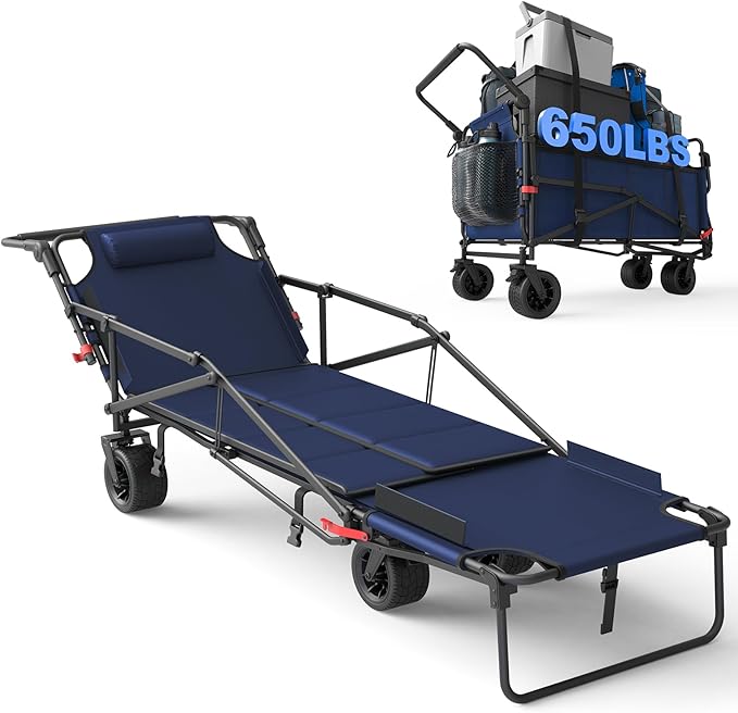 LEVELEVE Heavy Duty Folding Wagon - 2-in-1 Collapsible Cart, 650lb Capacity, All-Terrain Wheels w/Brakes & Side Pockets